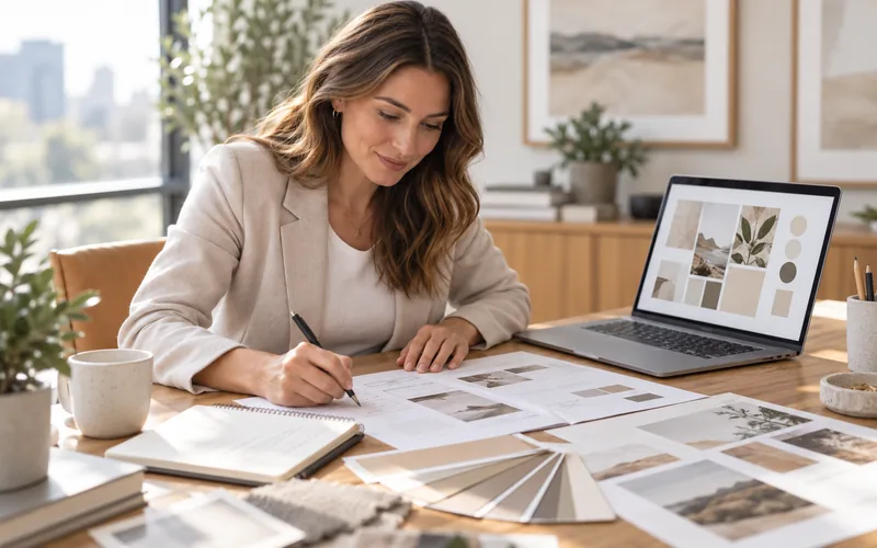 Designer crafting a brand, reviewing colors and layouts