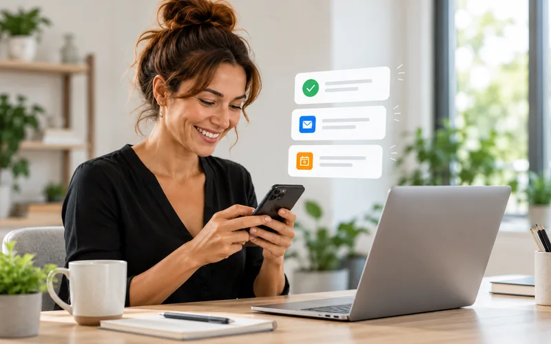 Mujer usando su movil junto al portatil con notificaciones de tareas automatizadas