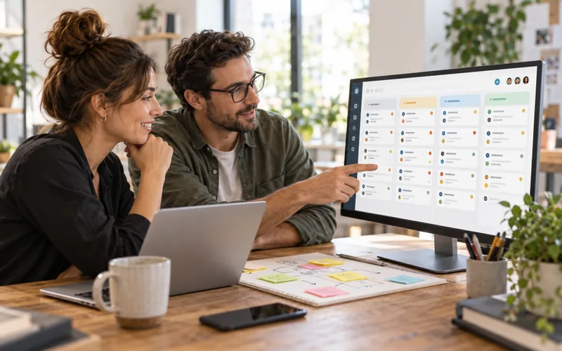Dos duenos de negocio revisando un tablero de proyectos en la pantalla de la computadora