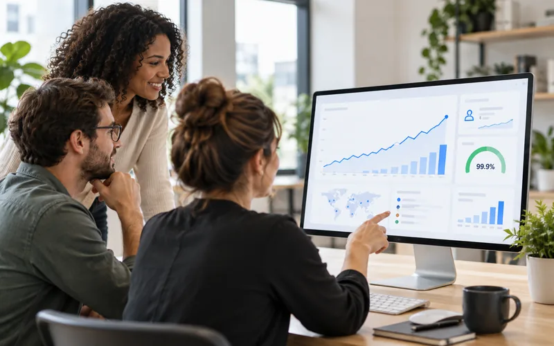 Equipo mirando un panel de analitica con grafico de crecimiento y 99,9 por ciento de disponibilidad