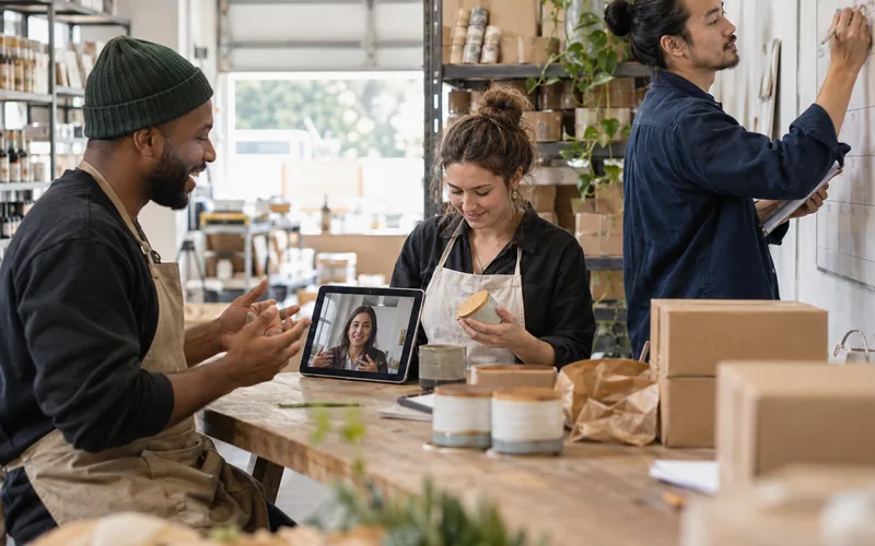 Small business team on a video call, staying aligned
