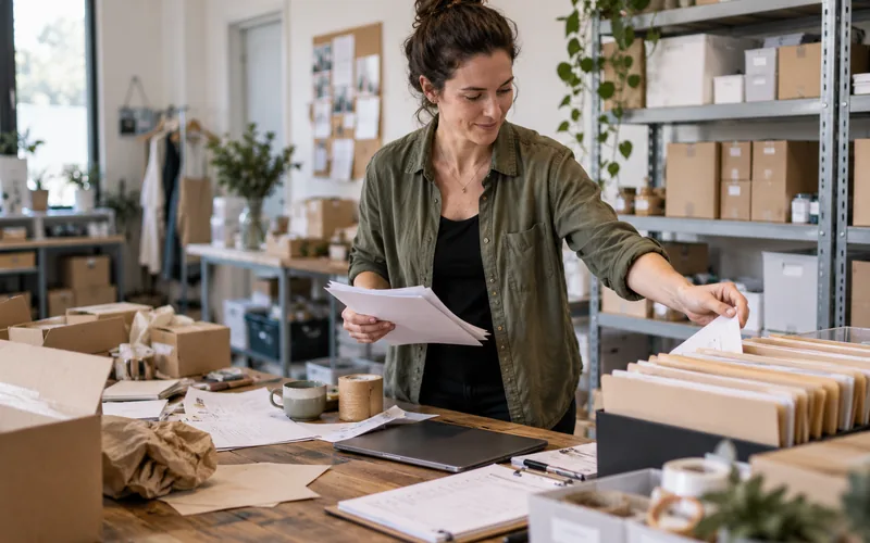 Small business owner organizing orders and paperwork