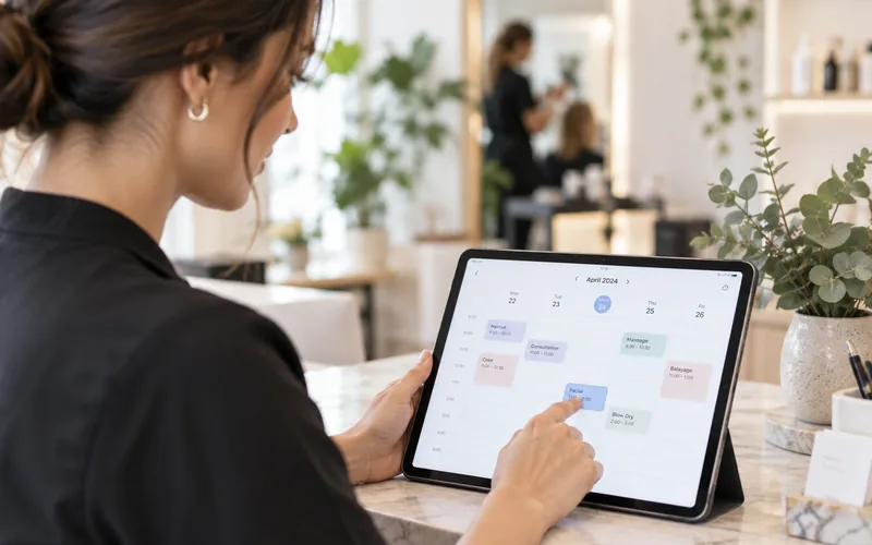 Agenda de reservas abierta en una tablet en la recepcion de un salon
