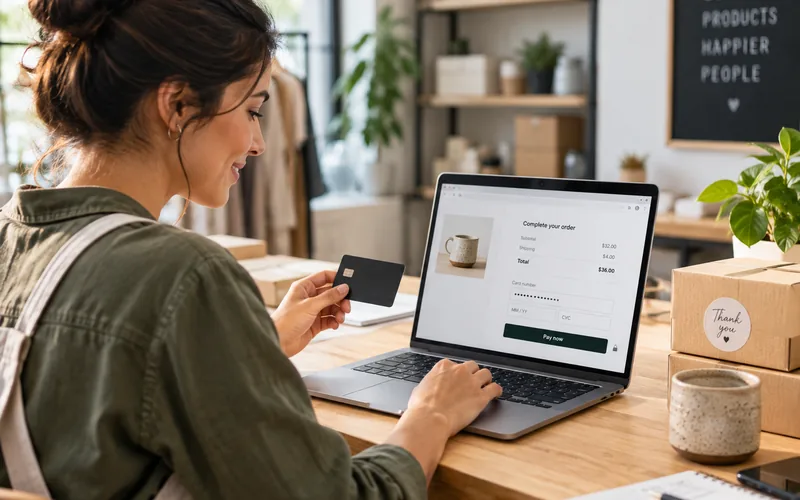 Cliente pagando con tarjeta en la pagina de pago del portatil