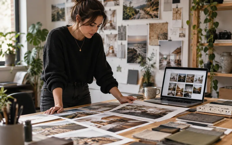 Mujer organizando fotografias para un portafolio