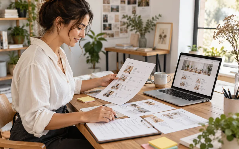 Empresaria analizando documentos y su sitio web en la computadora