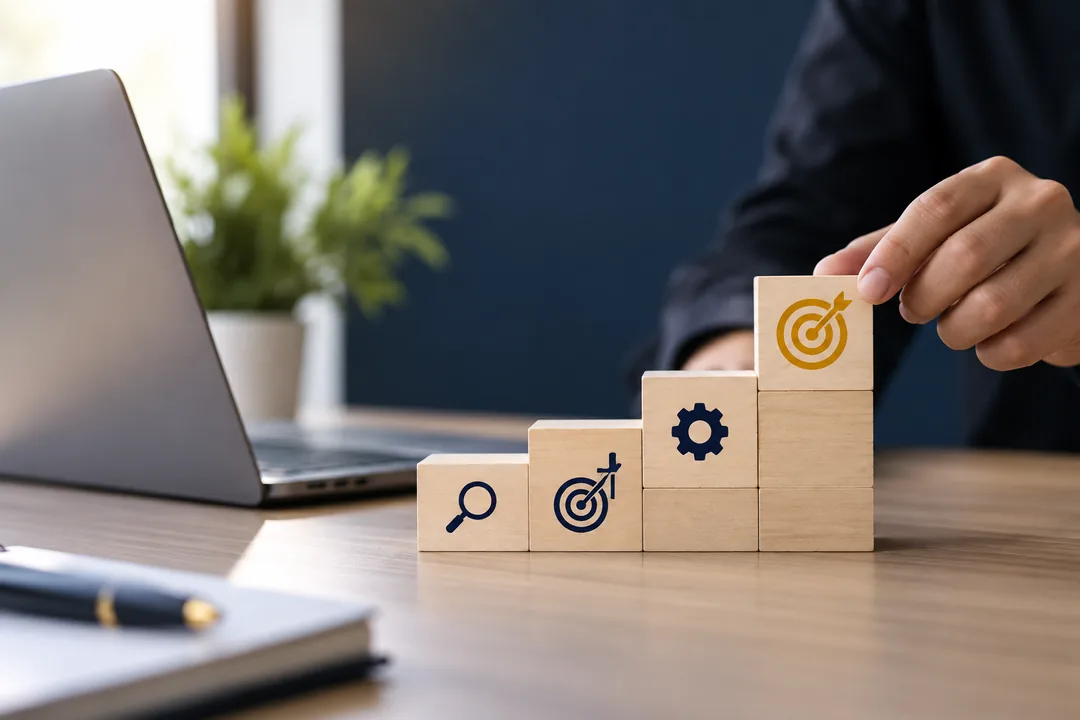 Wooden blocks with business icons rising like steps, symbolizing growth
