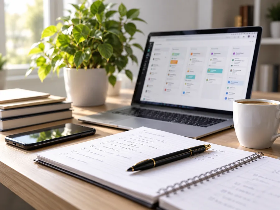 Business management dashboard with tasks, boards and workflows on a laptop
