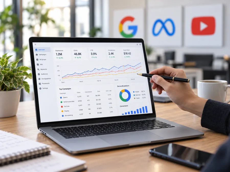 Paid traffic ads dashboard showing Google, Meta and YouTube campaign results