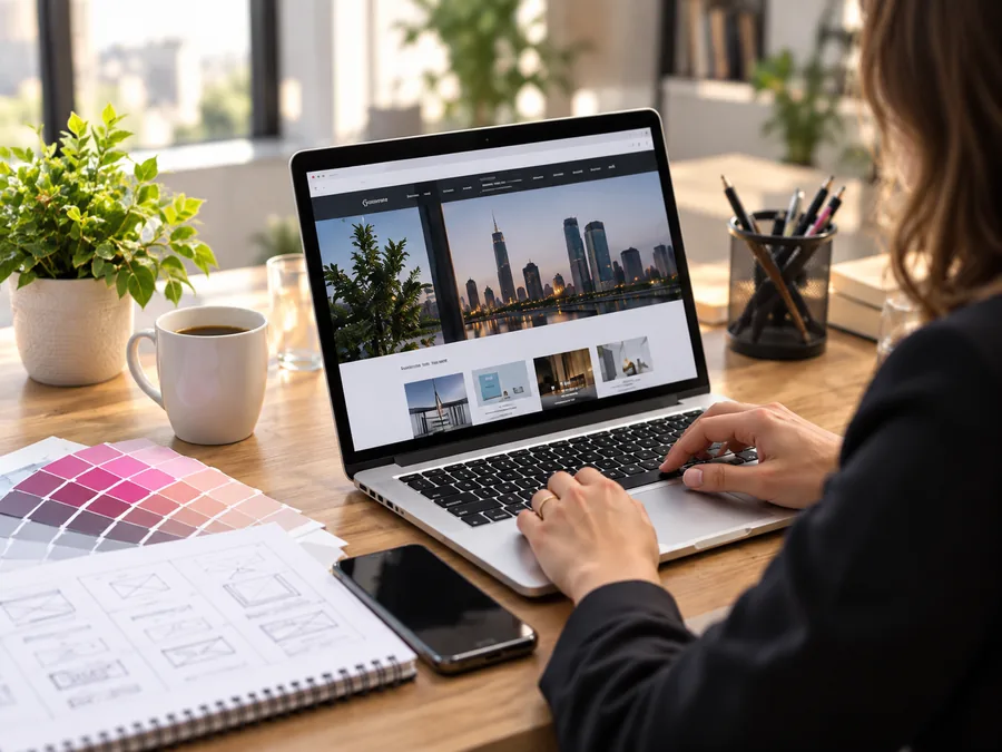 Web design workspace with a website and color palette