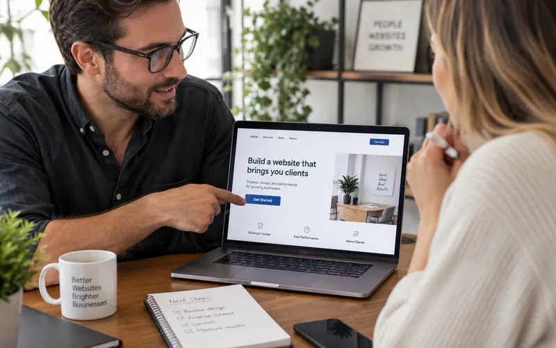Consultant showing a client a website built to bring in customers