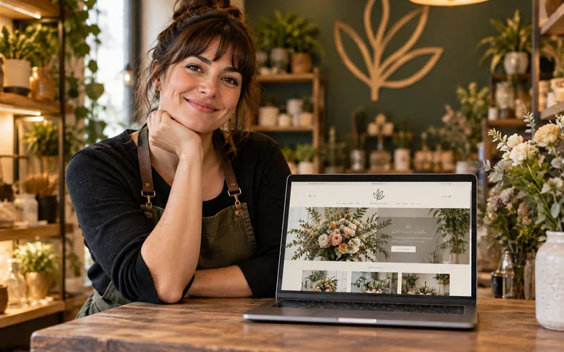 Duena de floristeria sonriendo junto al portatil con su sitio personalizado
