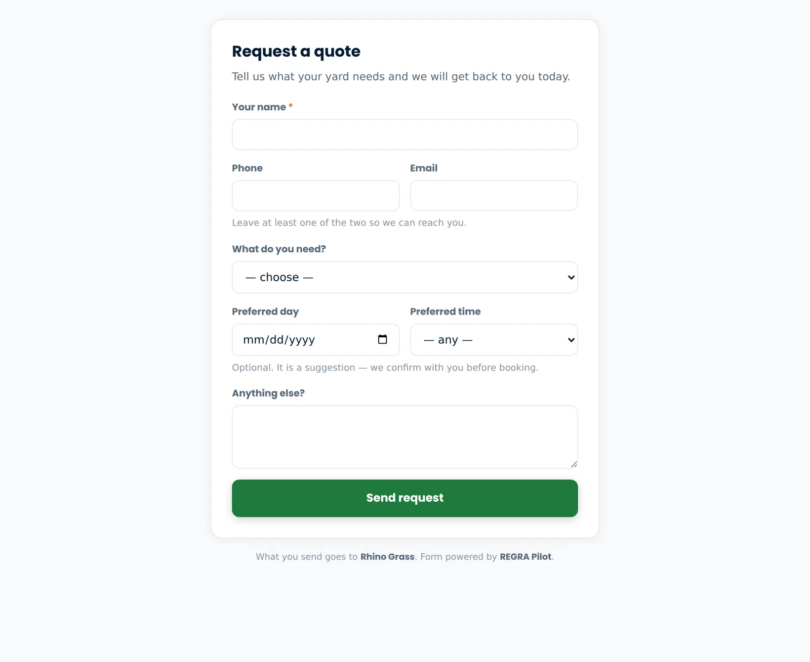The request form on a customer website