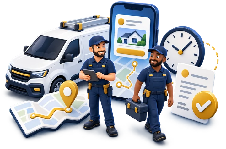 A crew leaving in a van with the route, the address and the job sheet on a phone